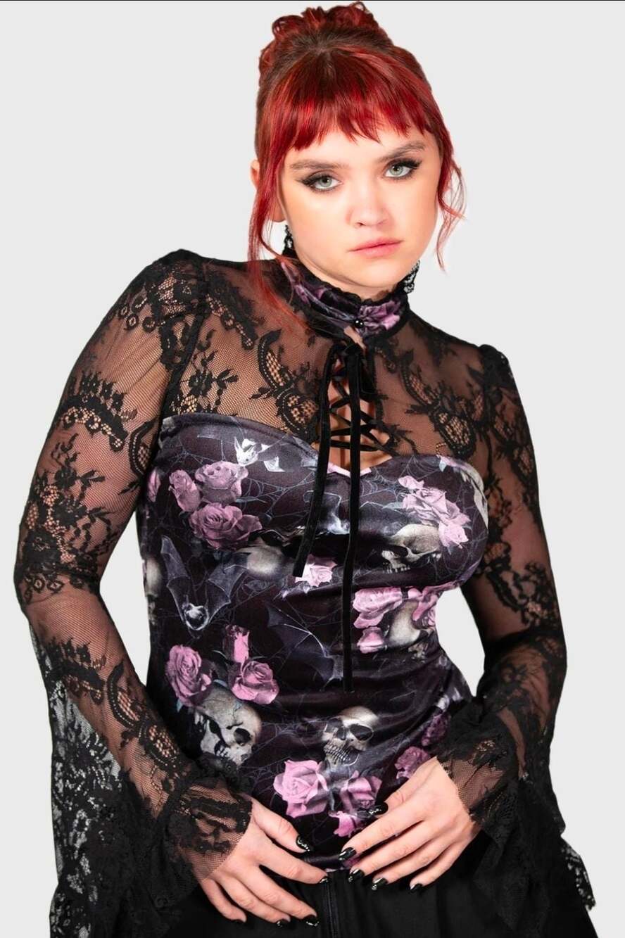 Killstar Morte Mistress Mock Neck Lace Long Sleeve Skull and Rose Print Top